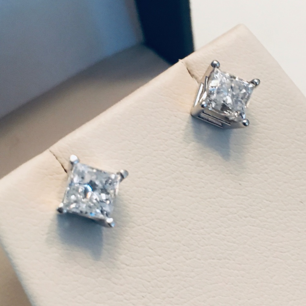 14K White Gold 2.0 CTW Princess Cut Diamond Stud Earrings - Picture 13 of 14